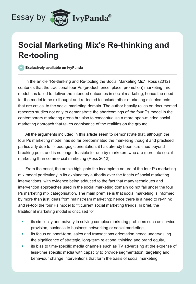Social Marketing Mix's Re-thinking and Re-tooling. Page 1