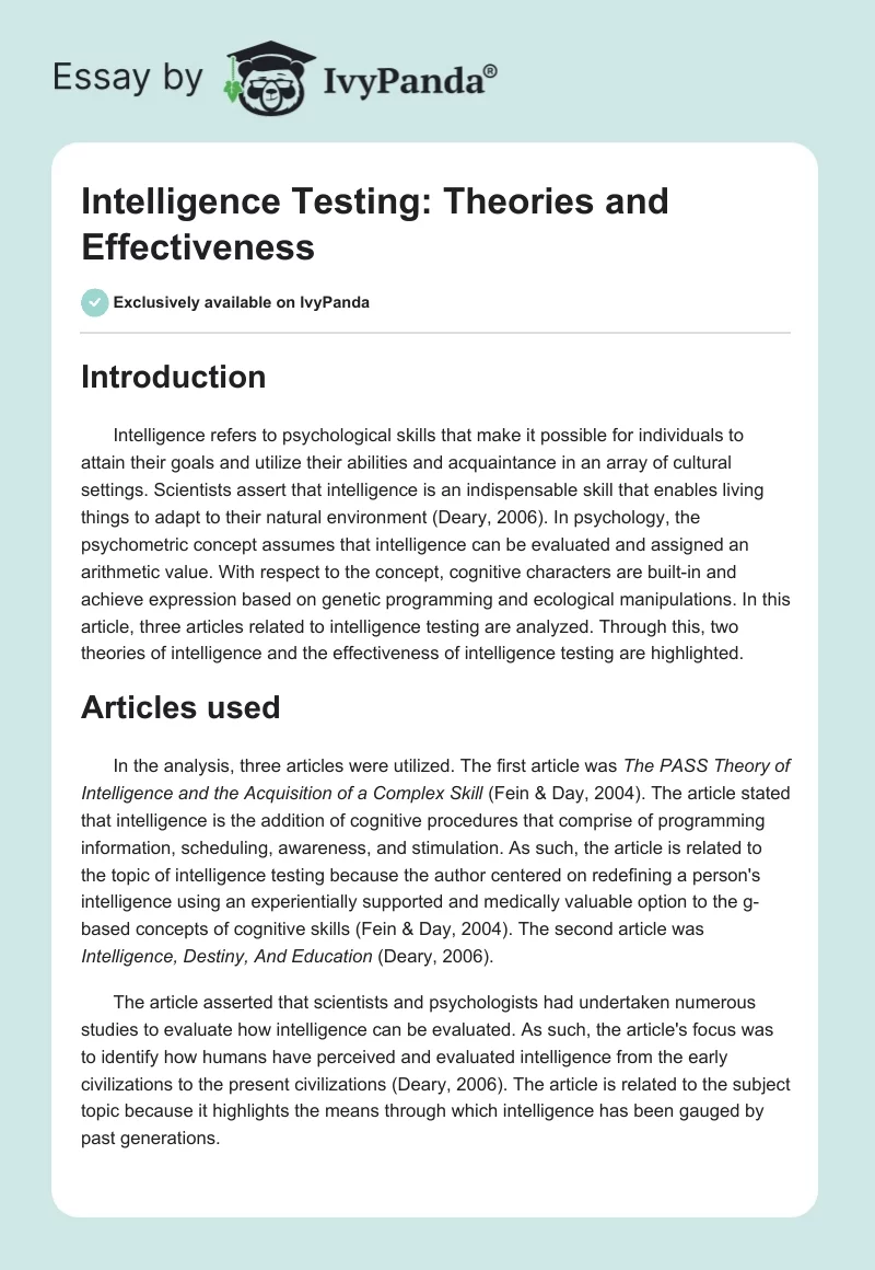 Intelligence Testing: Theories and Effectiveness. Page 1