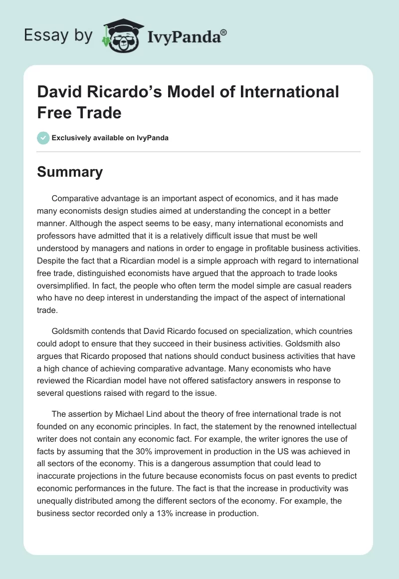 David Ricardo’s Model of International Free Trade. Page 1