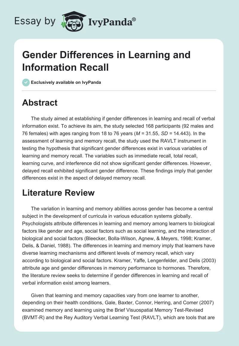 Gender Differences in Learning and Information Recall. Page 1