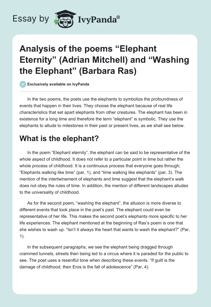 Analysis of the poems “Elephant Eternity” (Adrian Mitchell) and “Washing the Elephant” (Barbara Ras). Page 1