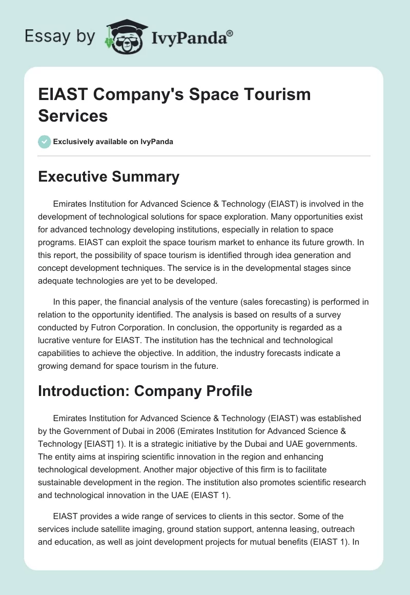EIAST Company's Space Tourism Services. Page 1