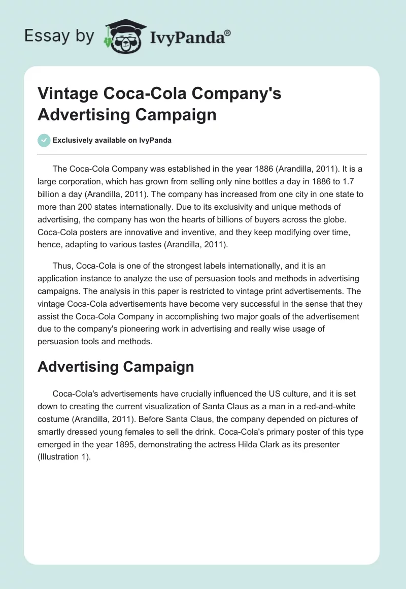 Vintage Coca-Cola Company's Advertising Campaign. Page 1