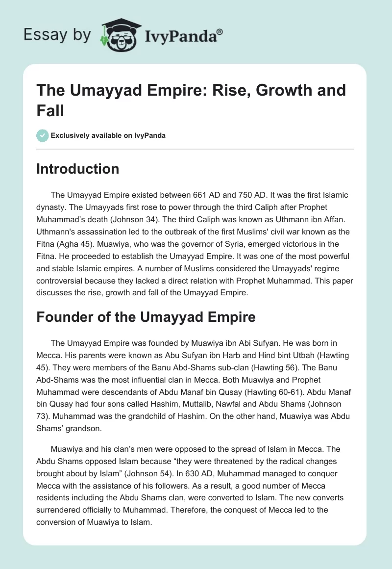 The Umayyad Empire: Rise, Growth and Fall. Page 1