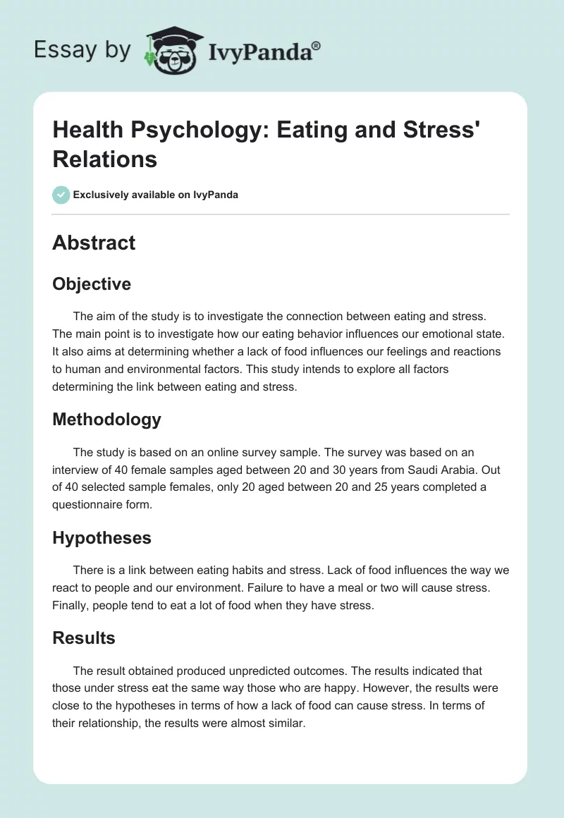 Health Psychology: Eating and Stress' Relations. Page 1