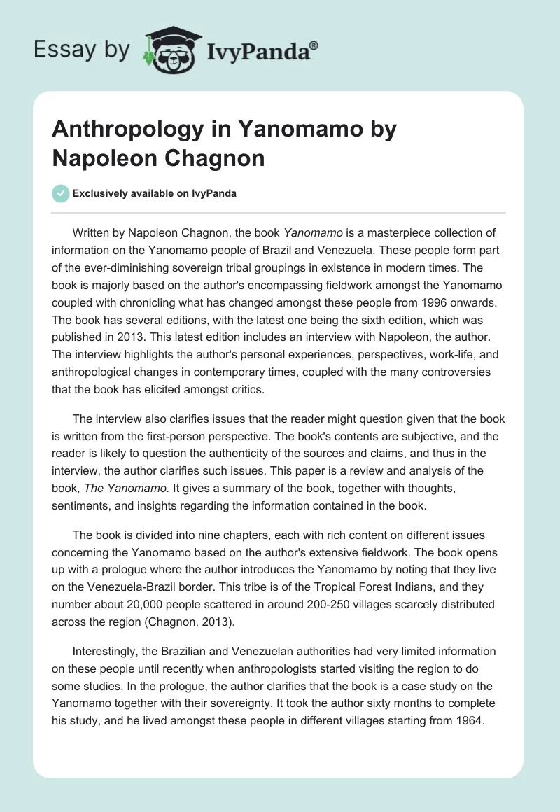 Anthropology in "Yanomamo" by Napoleon Chagnon. Page 1