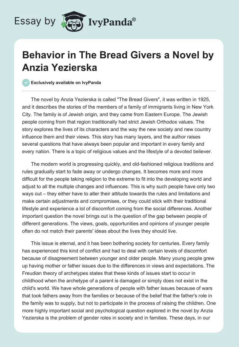 Behavior in "The Bread Givers" a Novel by Anzia Yezierska. Page 1