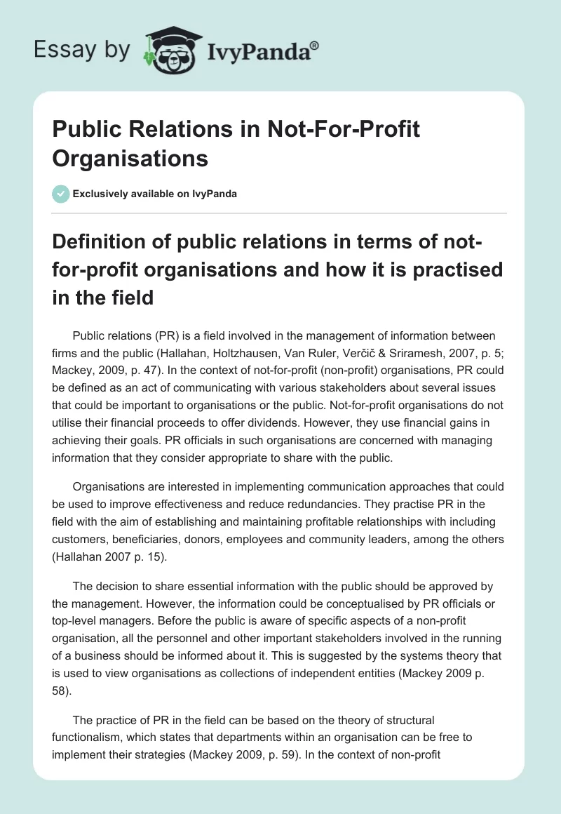 Public Relations in Not-For-Profit Organisations. Page 1