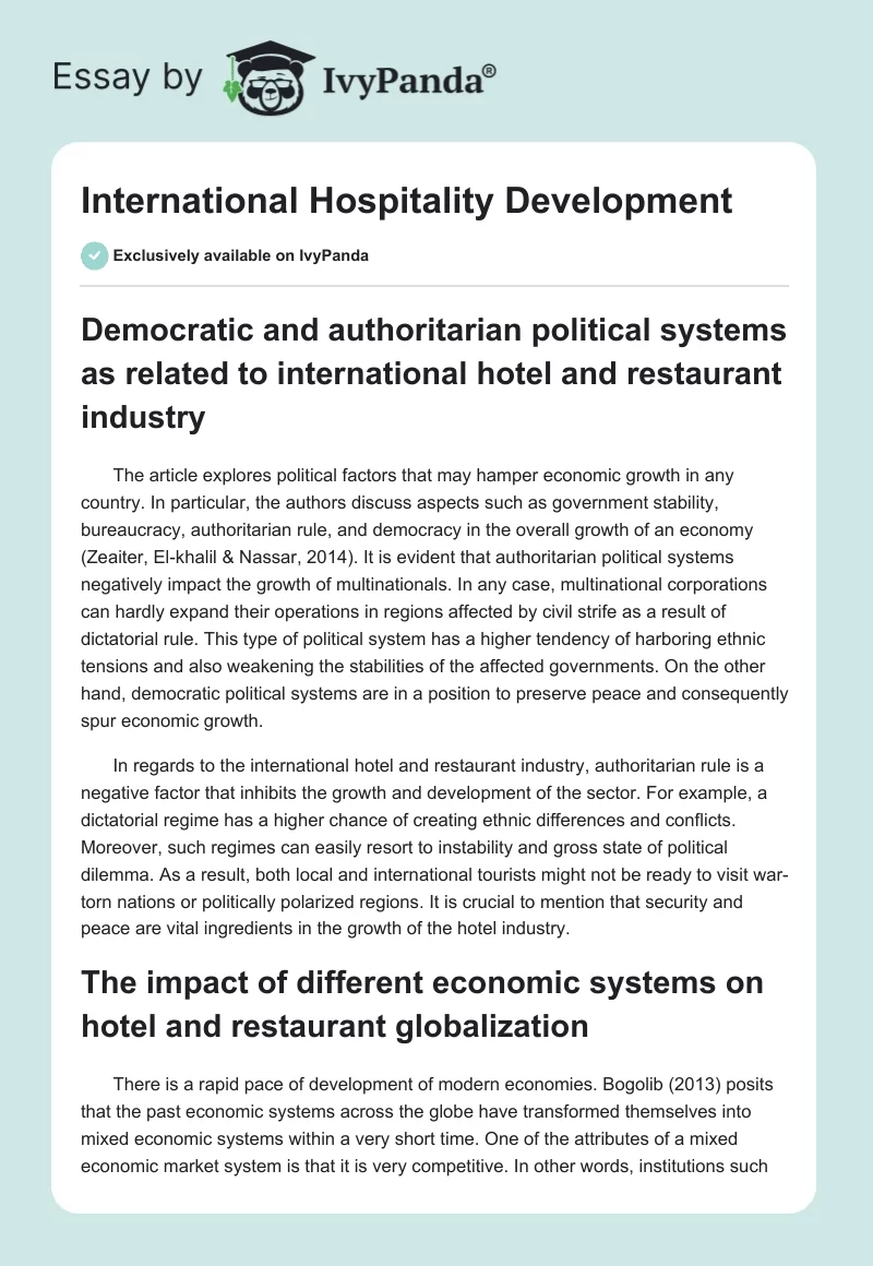 International Hospitality Development. Page 1