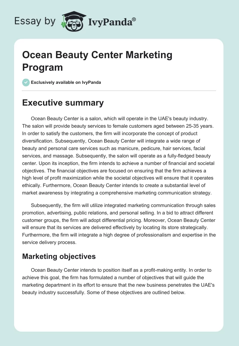 Ocean Beauty Center Marketing Program. Page 1