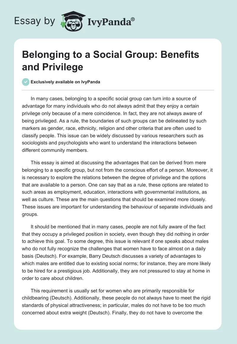 Belonging to a Social Group: Benefits and Privilege. Page 1