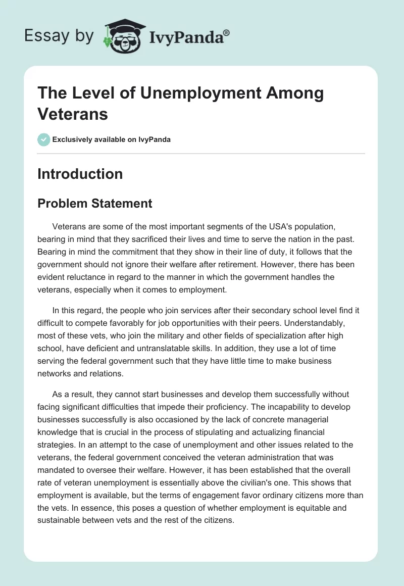 The Level of Unemployment Among Veterans. Page 1