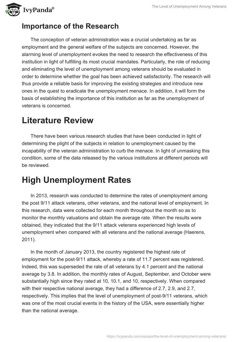 The Level of Unemployment Among Veterans. Page 2