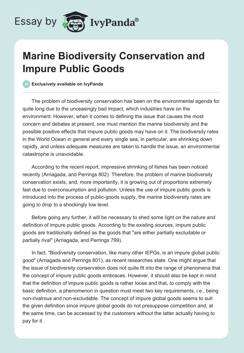 Marine Biodiversity Conservation and Impure Public Goods. Page 1