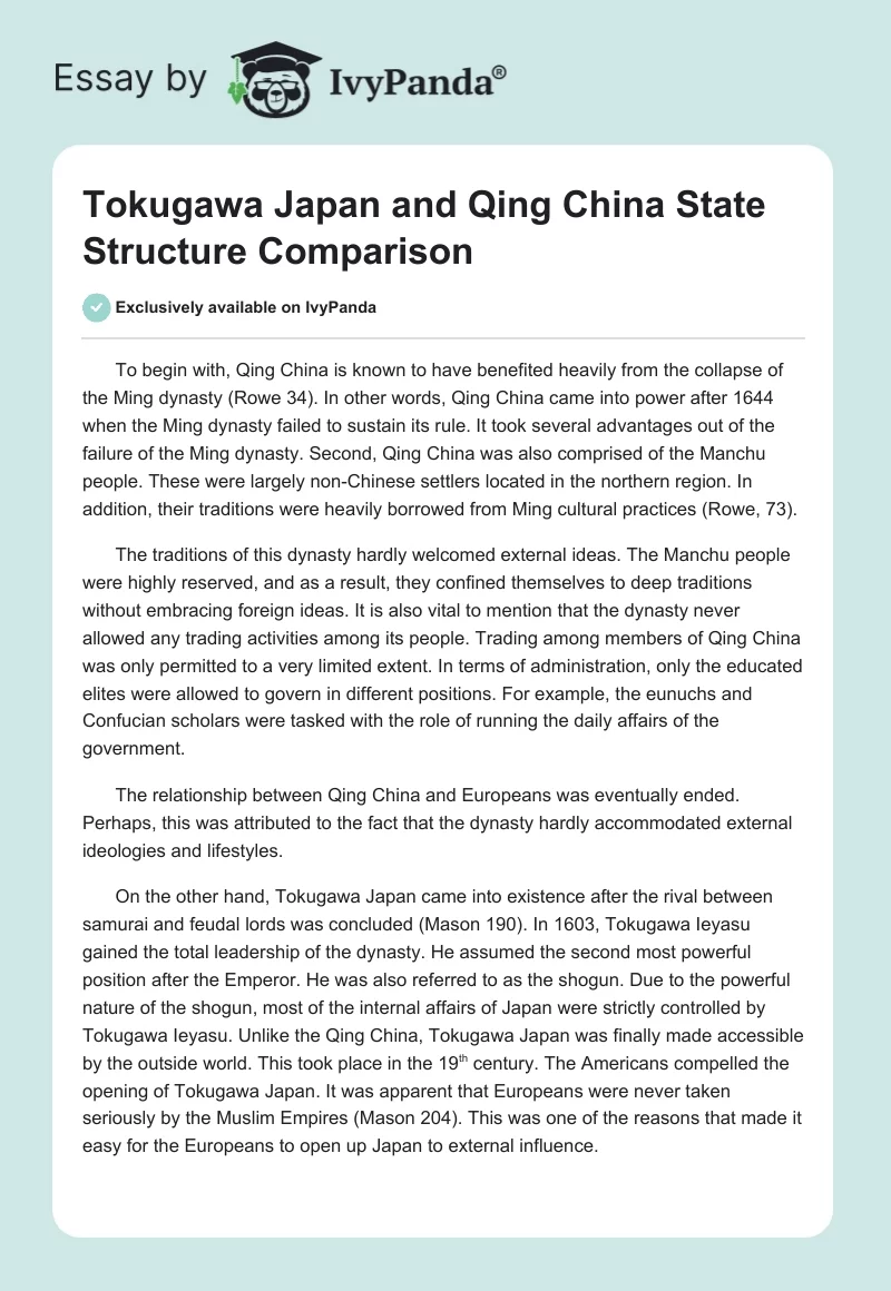 Tokugawa Japan and Qing China State Structure Comparison. Page 1