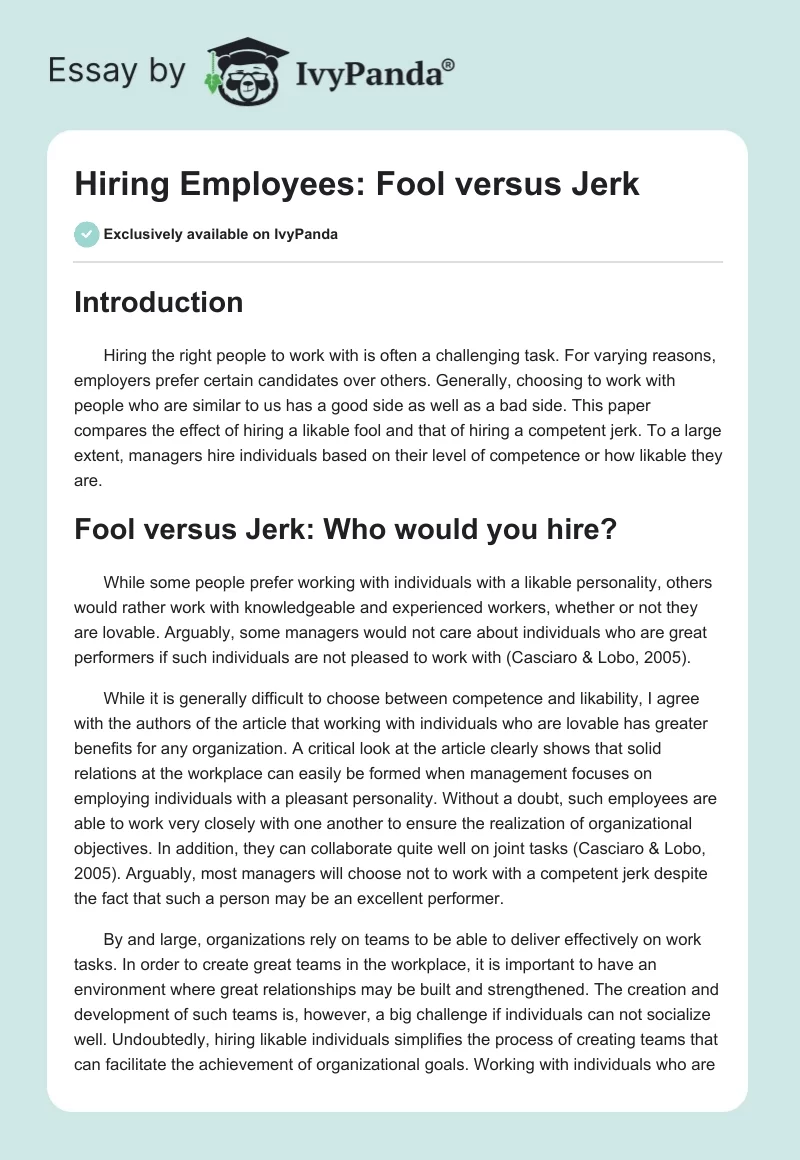 Hiring Employees: Fool versus Jerk. Page 1