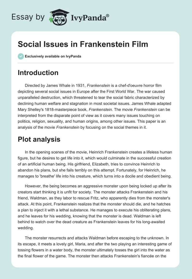Social Issues in "Frankenstein" Film. Page 1