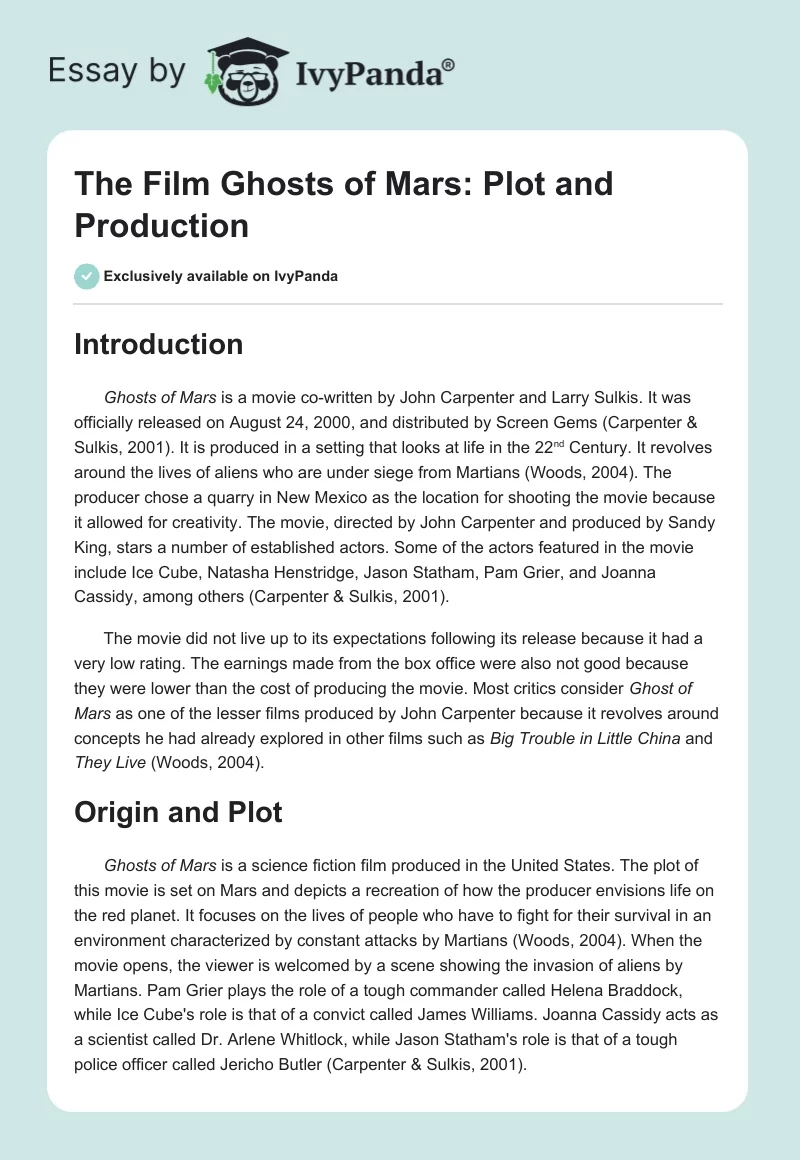 The Film "Ghosts of Mars": Plot and Production. Page 1