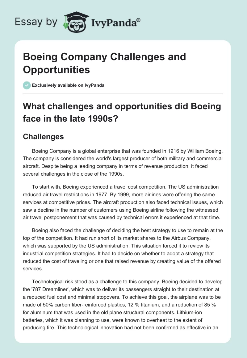 Boeing Company Challenges and Opportunities. Page 1