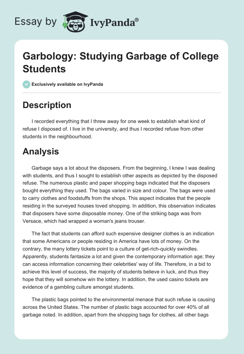 Garbology: Studying Garbage of College Students. Page 1
