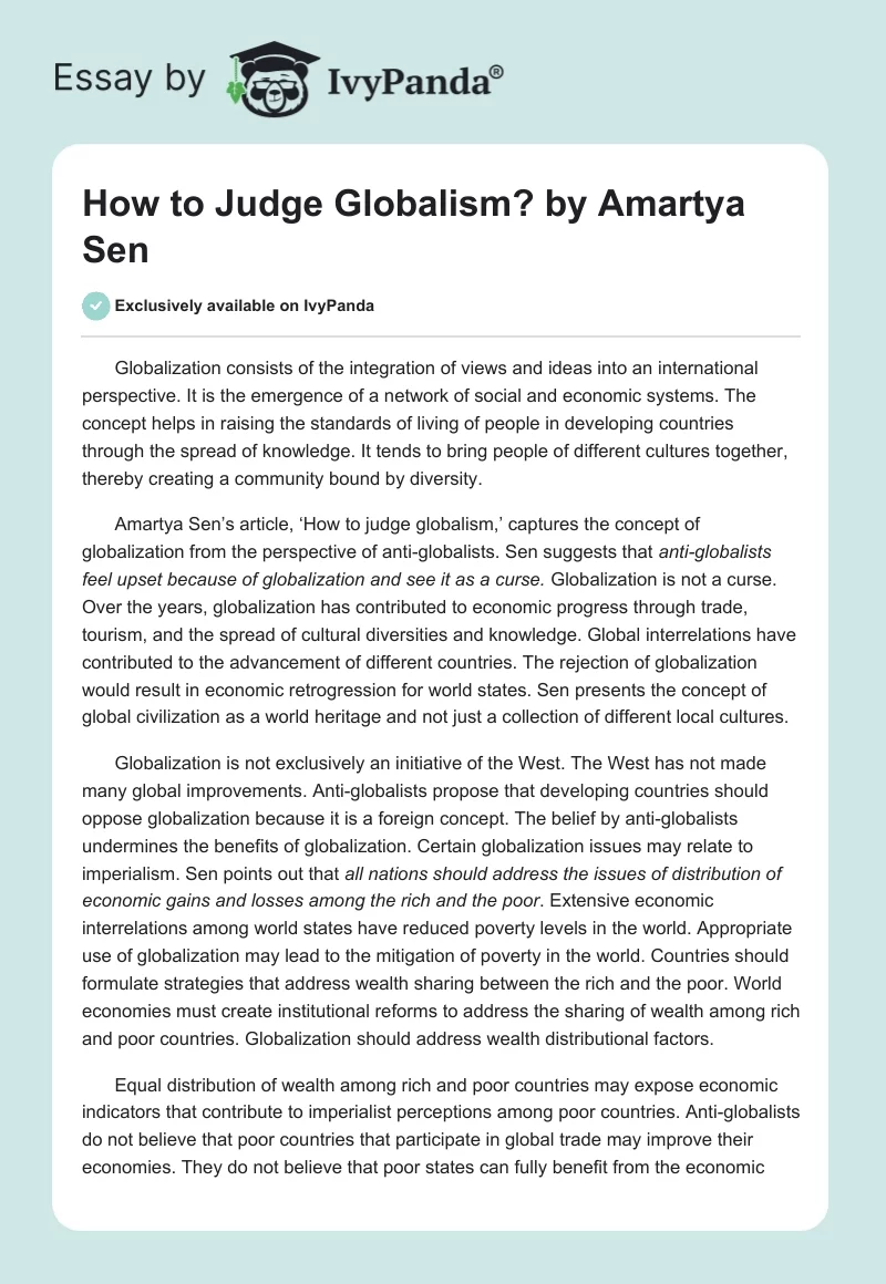 "How to Judge Globalism?" by Amartya Sen. Page 1