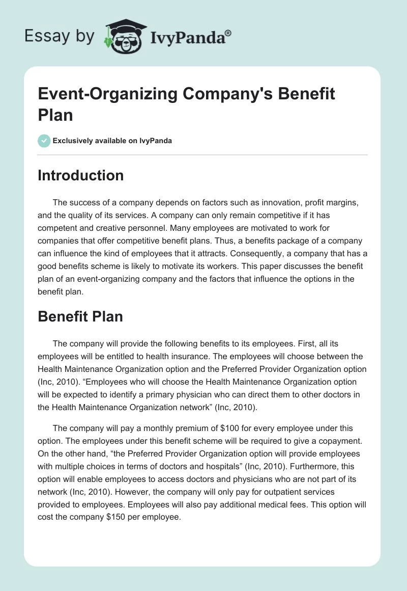 Event-Organizing Company's Benefit Plan. Page 1