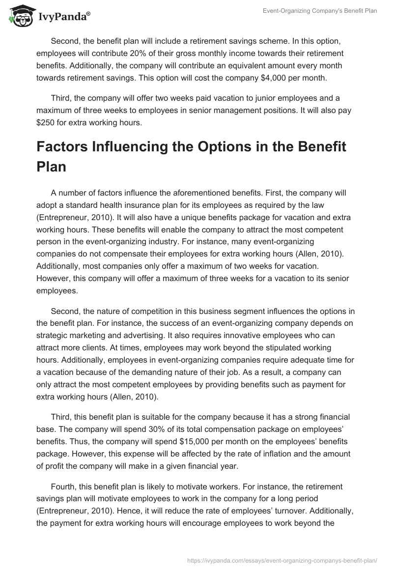 Event-Organizing Company's Benefit Plan. Page 2