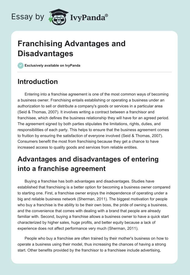 Franchising Advantages and Disadvantages. Page 1