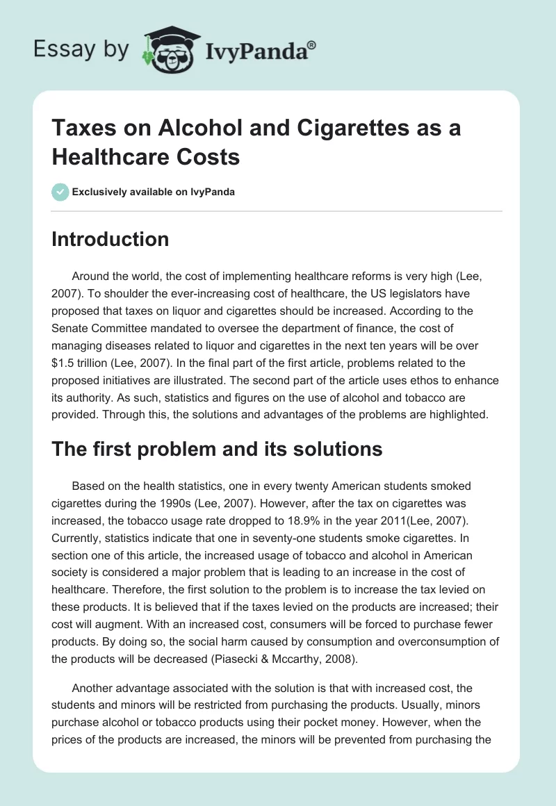 Taxes on Alcohol and Cigarettes as a Healthcare Costs. Page 1