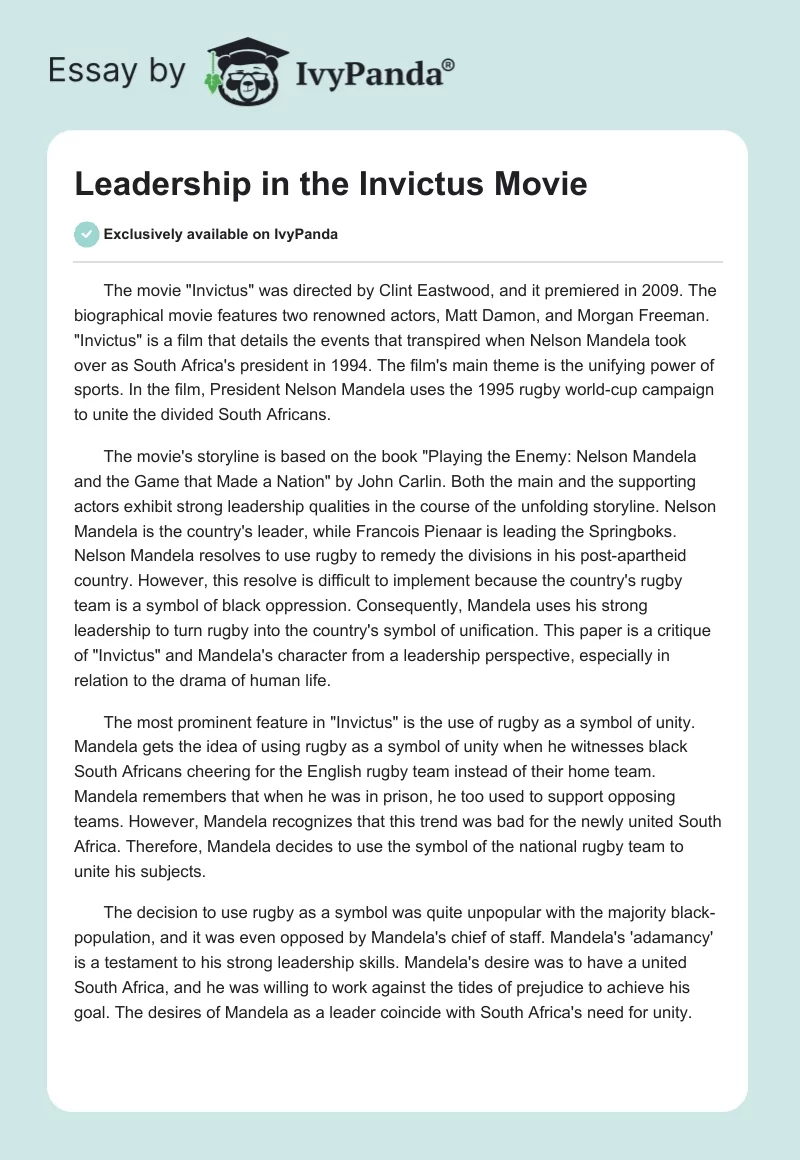 Leadership in the "Invictus" Movie. Page 1