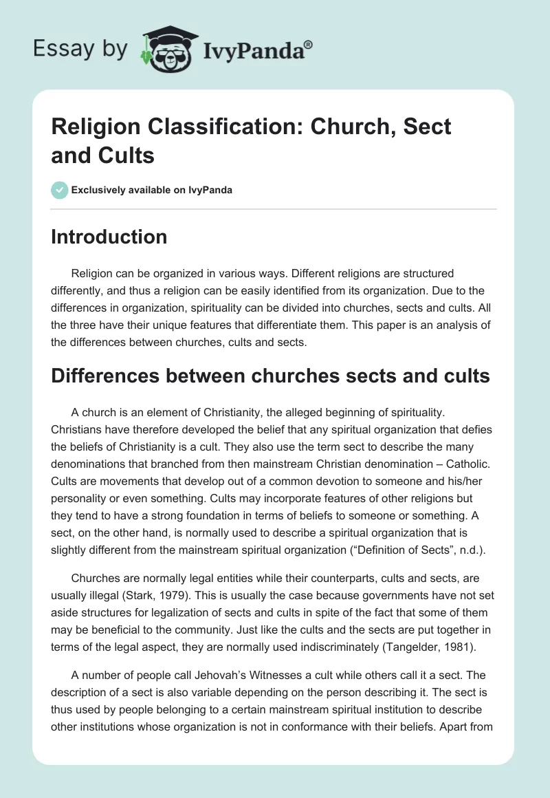 Religion Classification: Church, Sect and Cults. Page 1