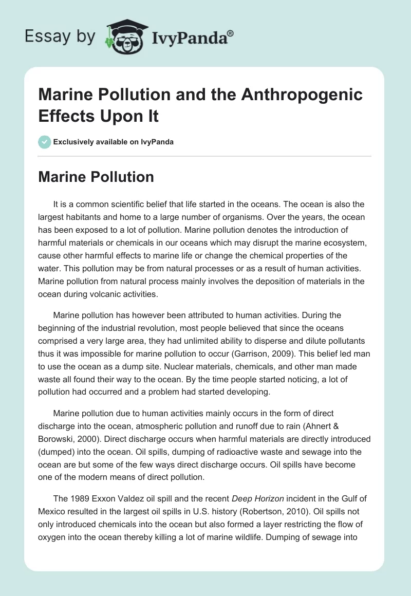 Marine Pollution and the Anthropogenic Effects Upon It. Page 1
