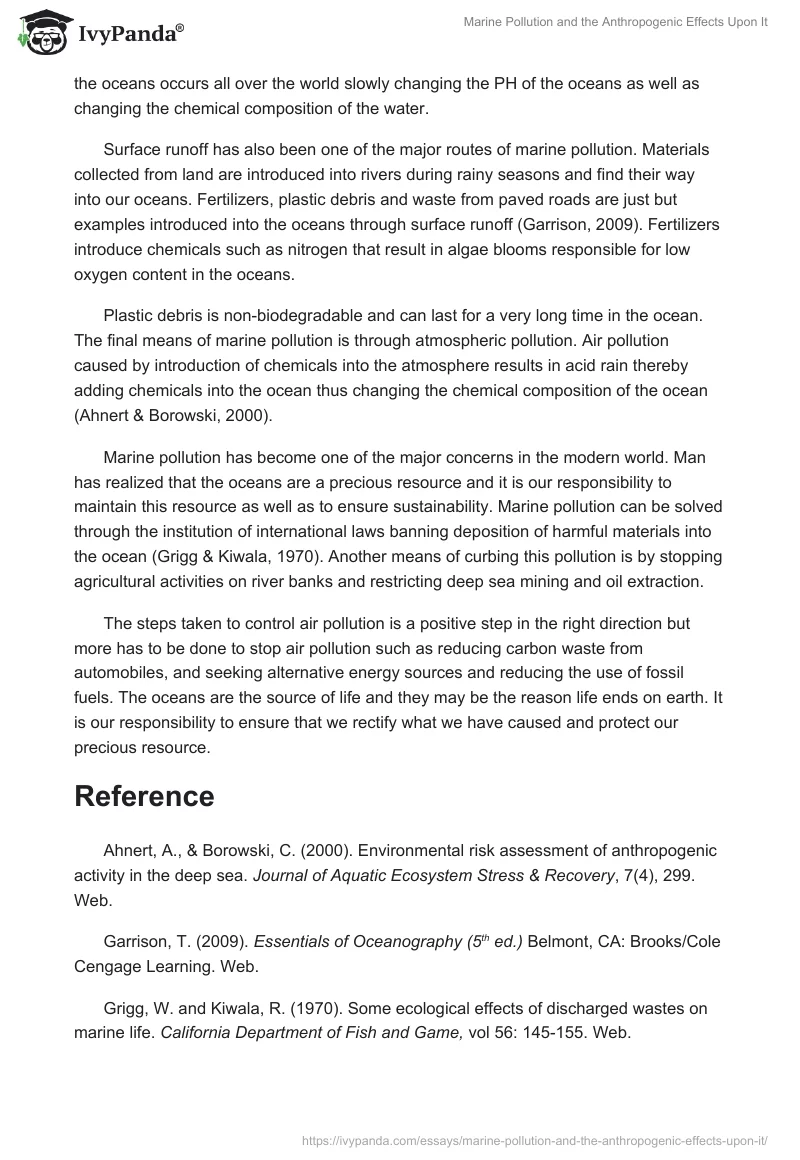 Marine Pollution and the Anthropogenic Effects Upon It. Page 2