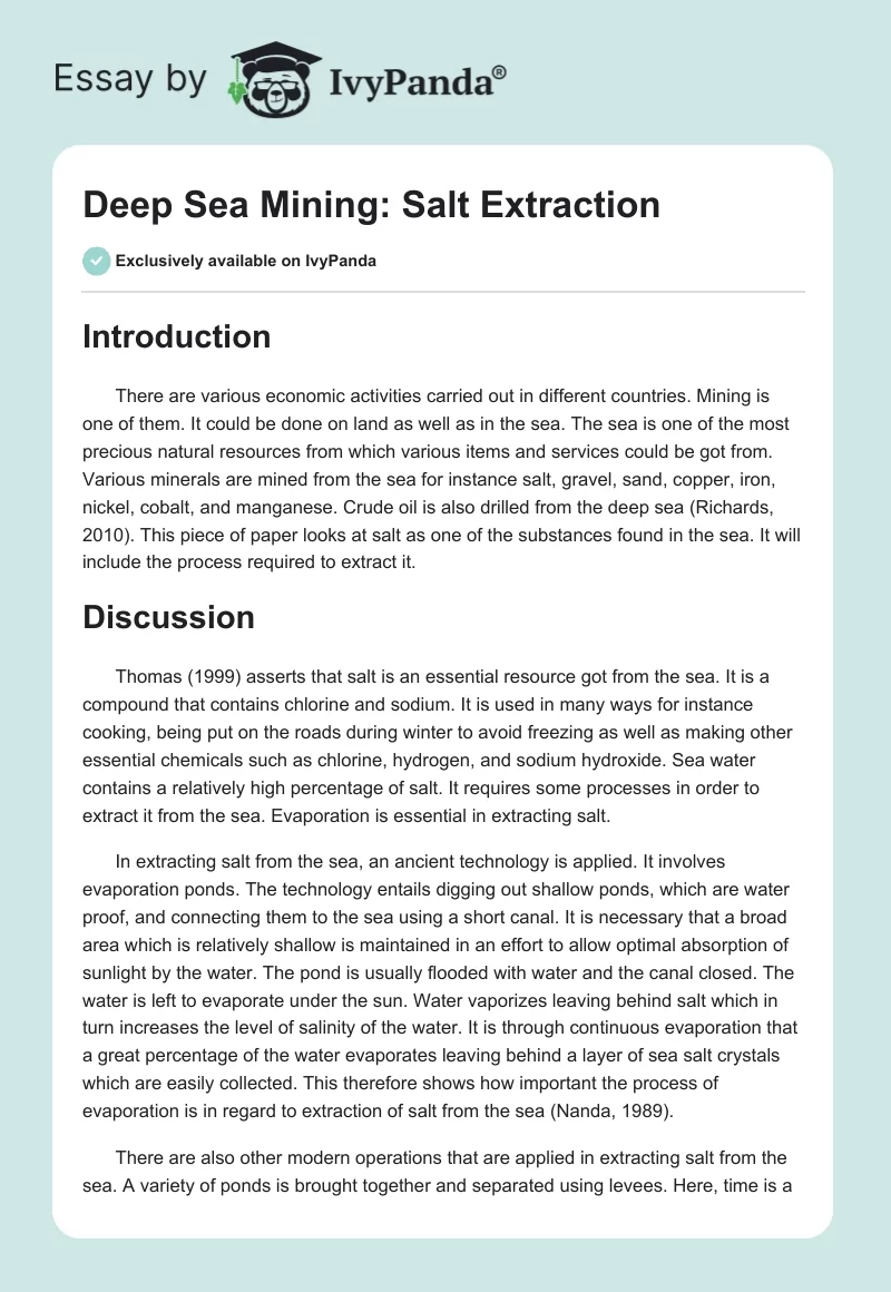 Deep Sea Mining: Salt Extraction. Page 1