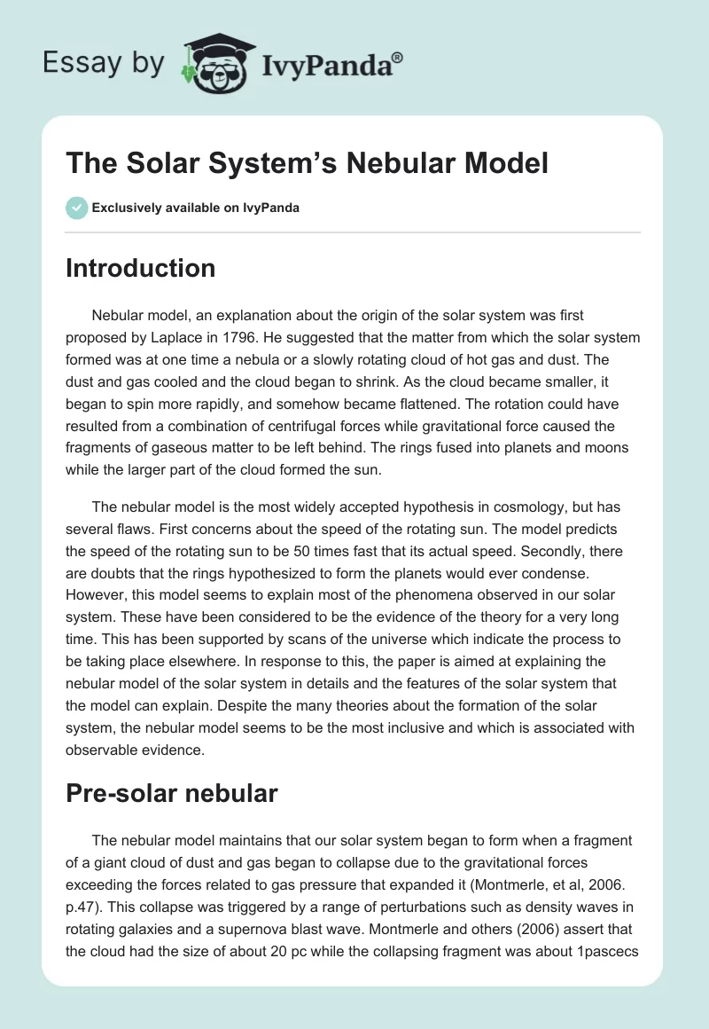 The Solar System’s Nebular Model. Page 1