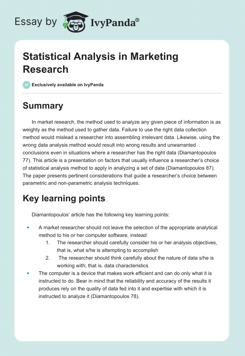 Statistical Analysis in Marketing Research. Page 1
