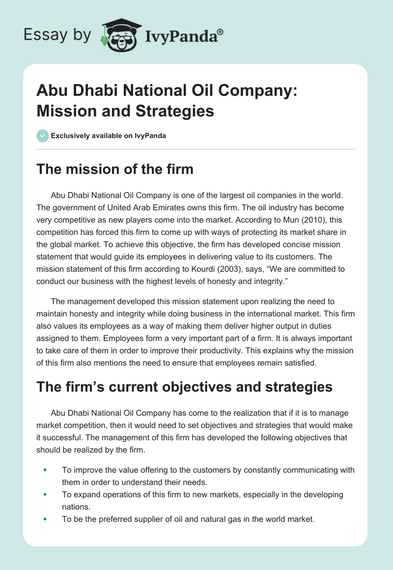 Abu Dhabi National Oil Company: Mission and Strategies. Page 1