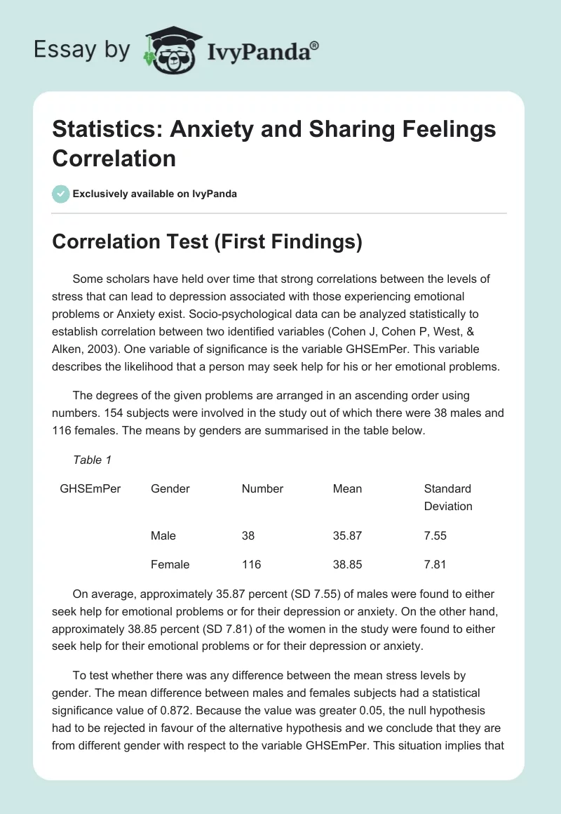 Statistics: Anxiety and Sharing Feelings Correlation. Page 1