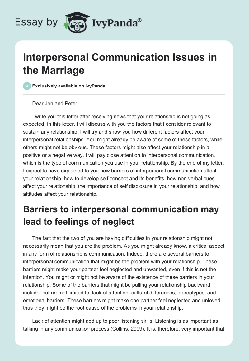 Interpersonal Communication Issues in the Marriage. Page 1