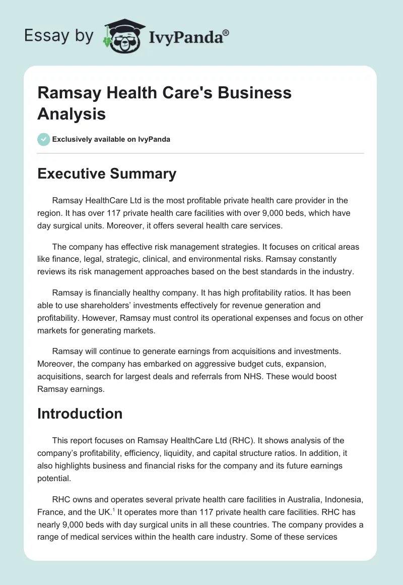 Ramsay Health Care's Business Analysis. Page 1