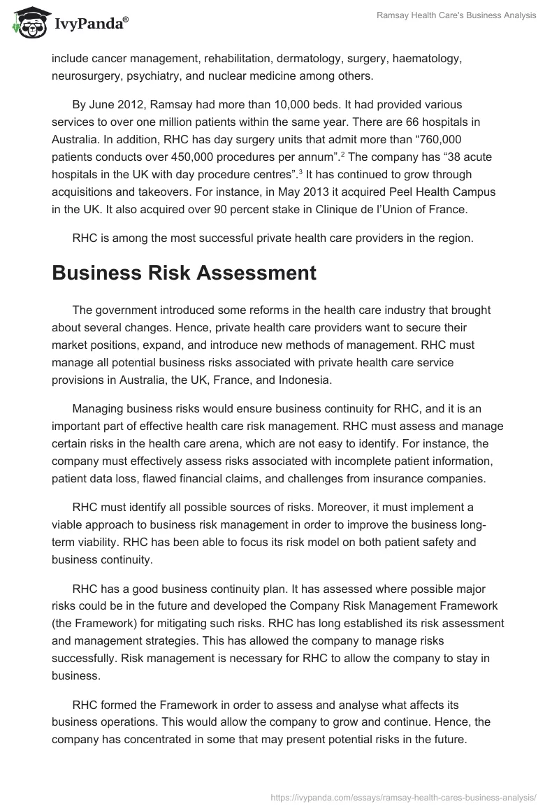 Ramsay Health Care's Business Analysis. Page 2