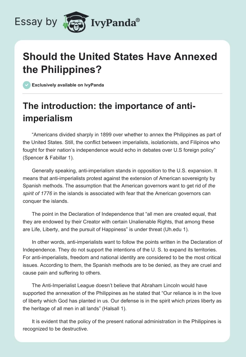 Should the United States Have Annexed the Philippines?. Page 1