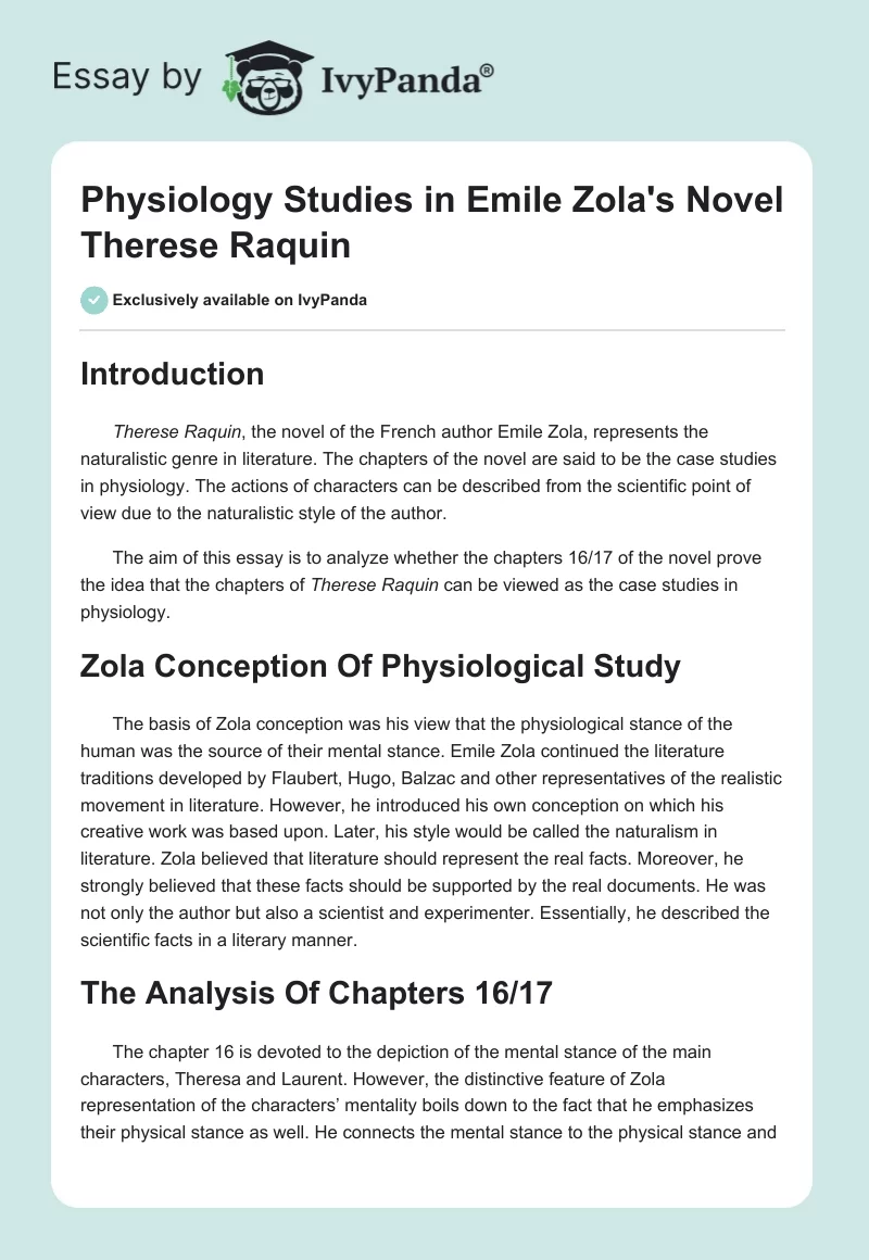 Physiology Studies in Emile Zola's Novel "Therese Raquin". Page 1