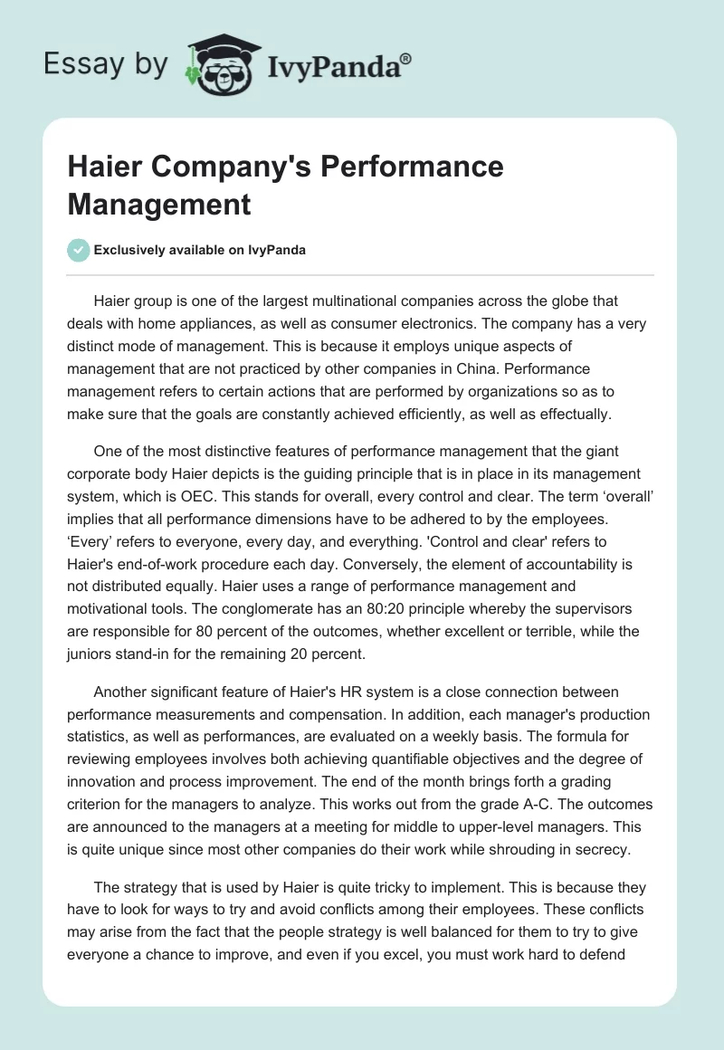 Haier Company's Performance Management. Page 1