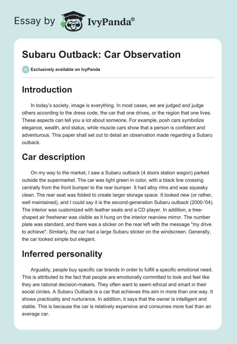 Subaru Outback: Car Observation. Page 1