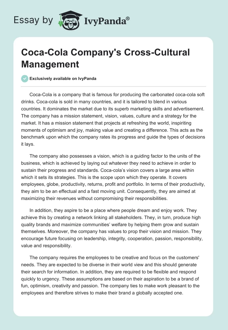 Coca-Cola Company's Cross-Cultural Management. Page 1