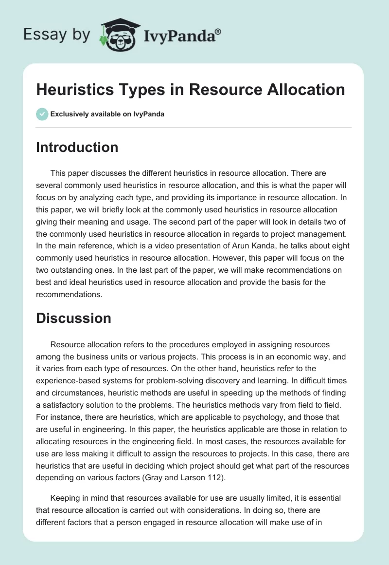 Heuristics Types in Resource Allocation. Page 1