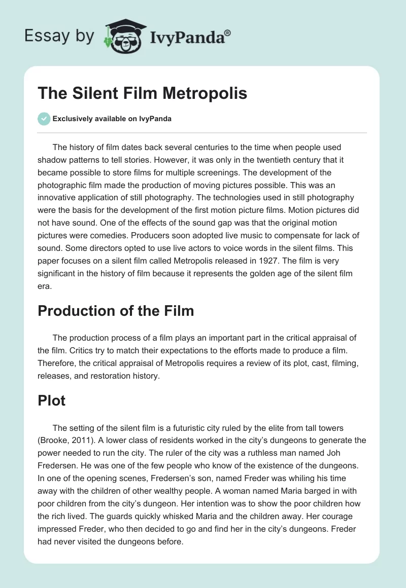 The Silent Film "Metropolis". Page 1