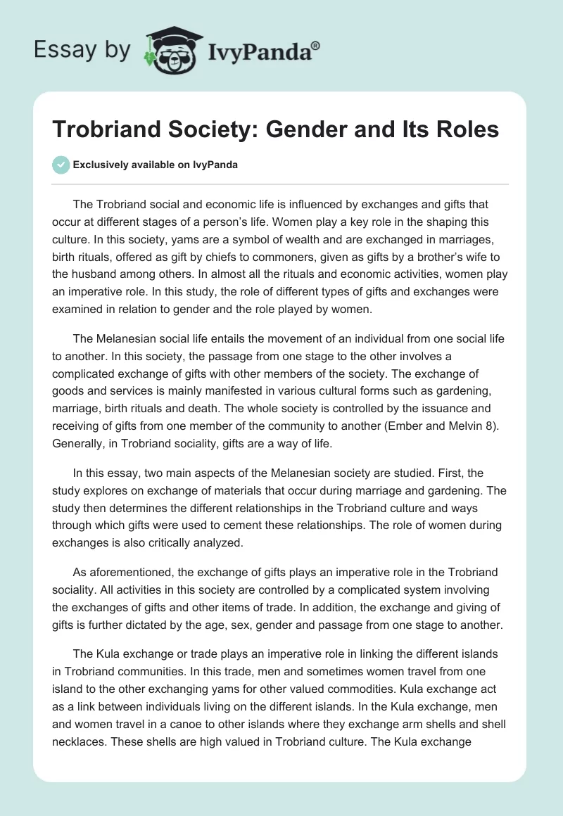 Trobriand Society: Gender and Its Roles. Page 1