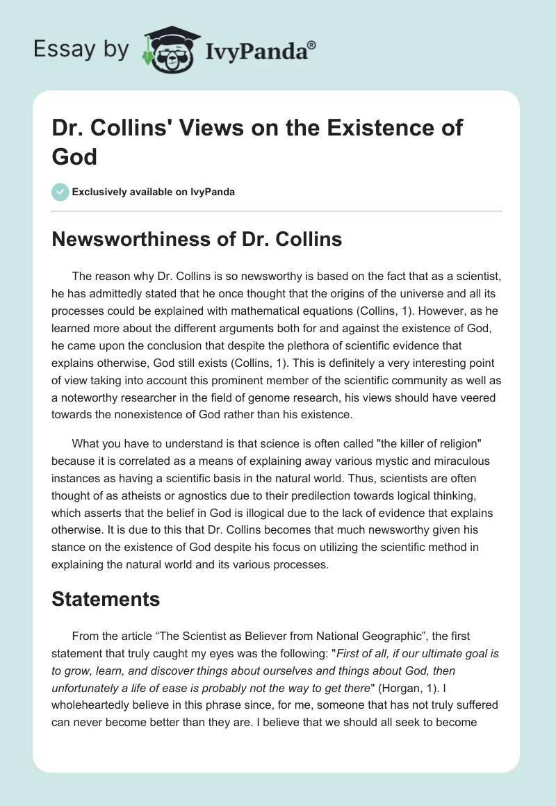 Dr. Collins' Views on the Existence of God. Page 1